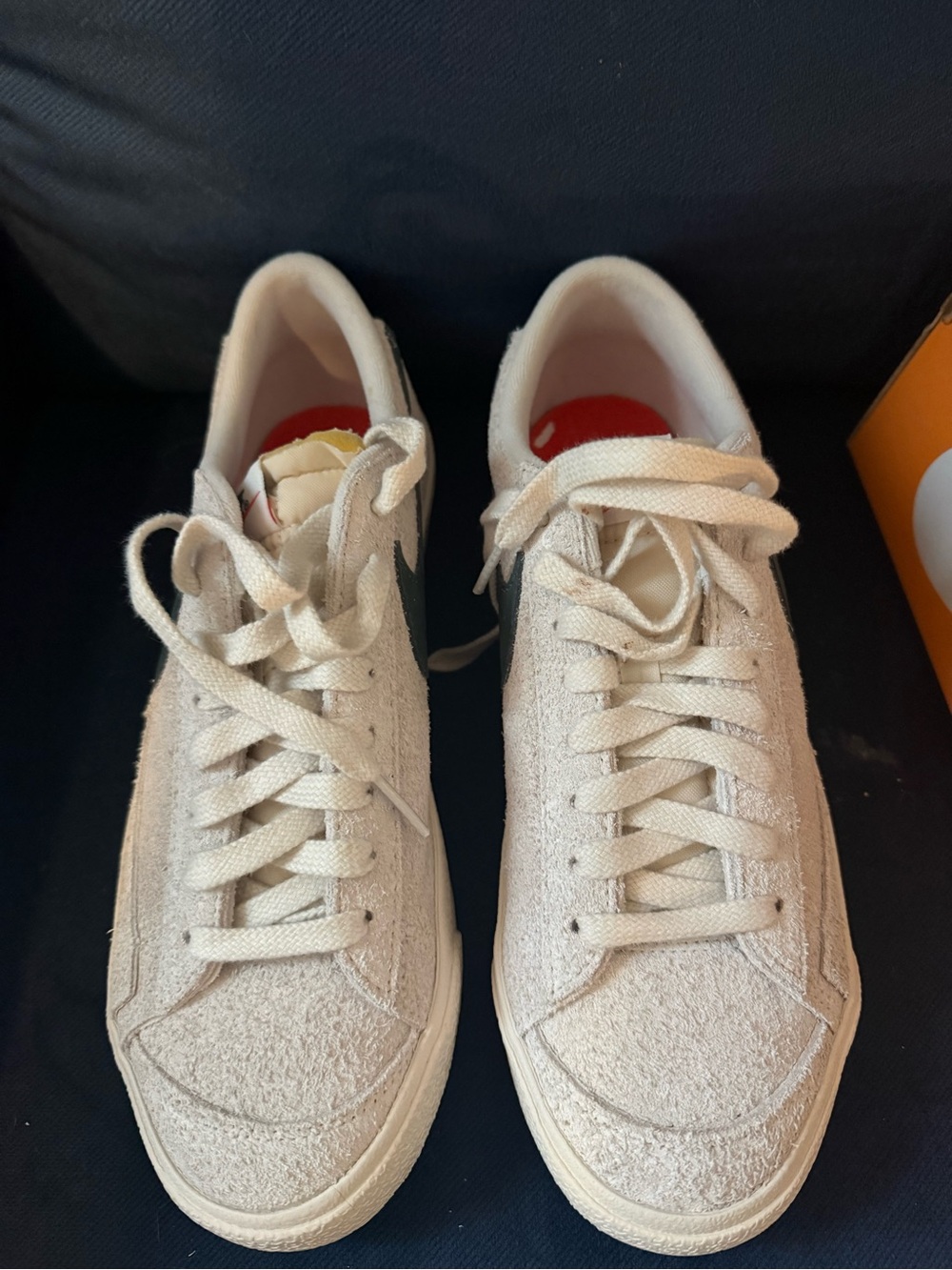 Nike Women’s Suede Low-Top Sneakers in Off-White with Dark Green Swoosh - Picture 3 of 10